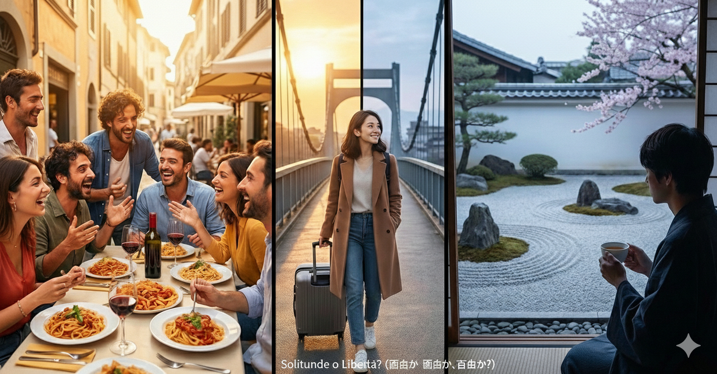 Immagine composta da tre pannelli che illustra le differenze culturali tra Italia e Giappone. A sinistra, un gruppo di amici festosi pranza all'aperto in un terrazzo italiano. Al centro, una donna cammina da sola su un ponte con una valigia. A destra, un uomo sorseggia del tè in solitudine ammirando un tranquillo giardino zen giapponese (karesansui).